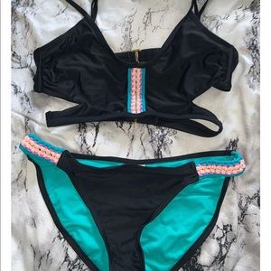 Black Bikini Set with Braided Neon Detailing